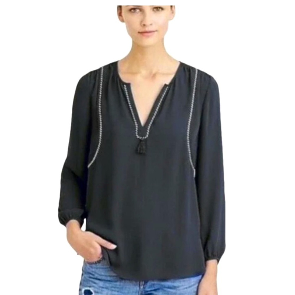 J. Crew Black White Split Neck Tassel Braided Trim Popover Tunic Womens Size 2
